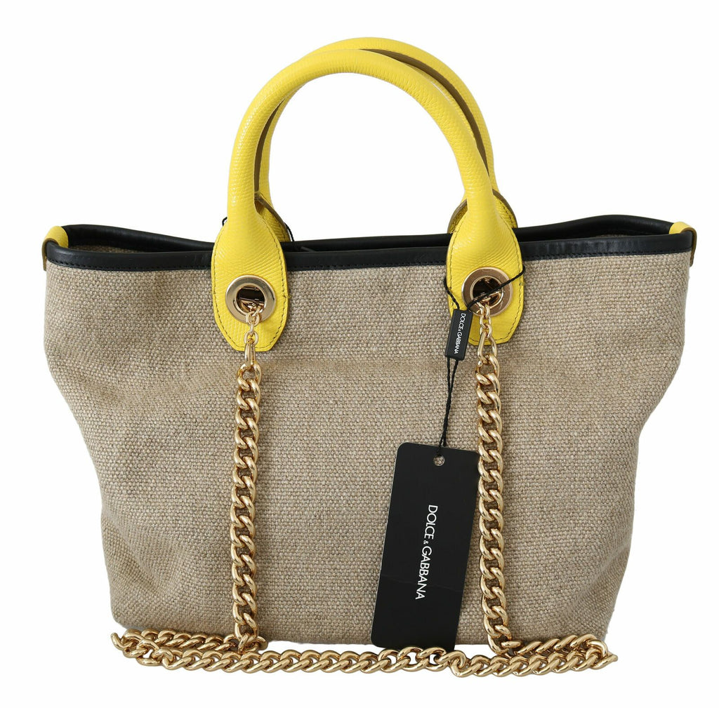 Sac cabas Dolce &amp; Gabbana en lin et veau beige avec chaîne dorée