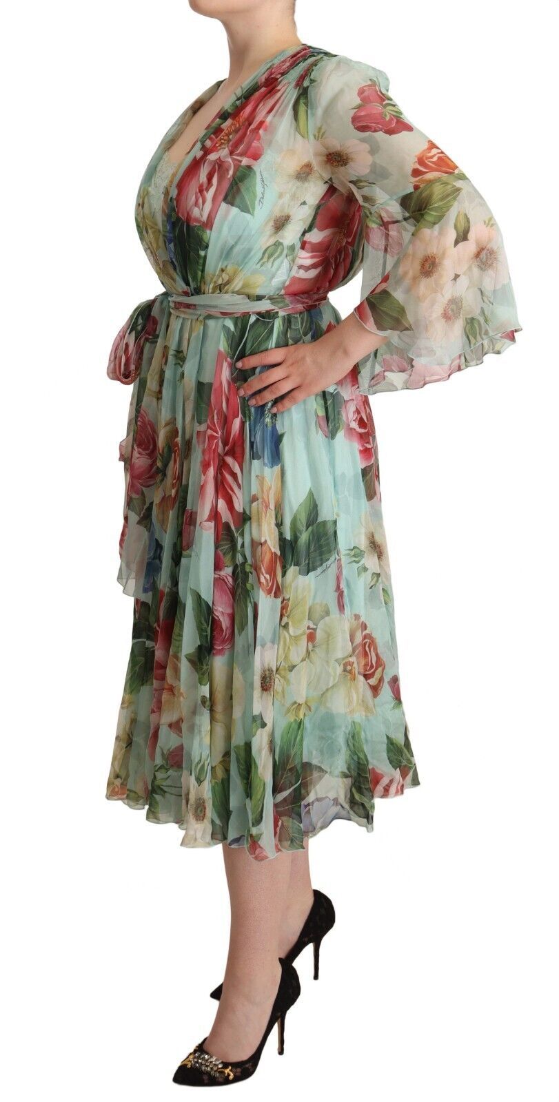 Robe midi en soie verte à fleurs élégantes Dolce &amp; Gabbana