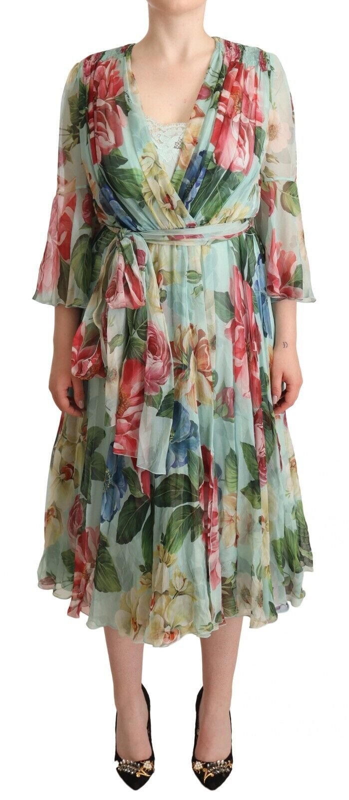 Robe midi en soie verte à fleurs élégantes Dolce &amp; Gabbana