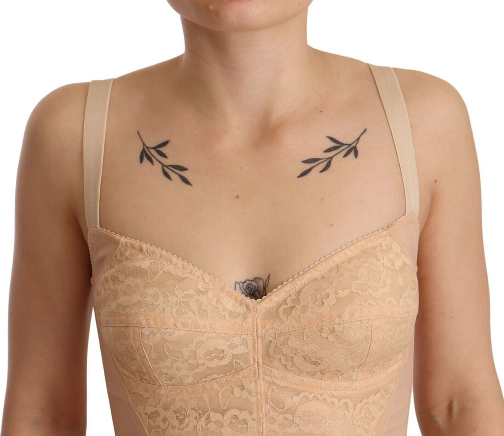 Dolce &amp; Gabbana – Beigefarbener Stretch-Body mit Spitzeneinsatz