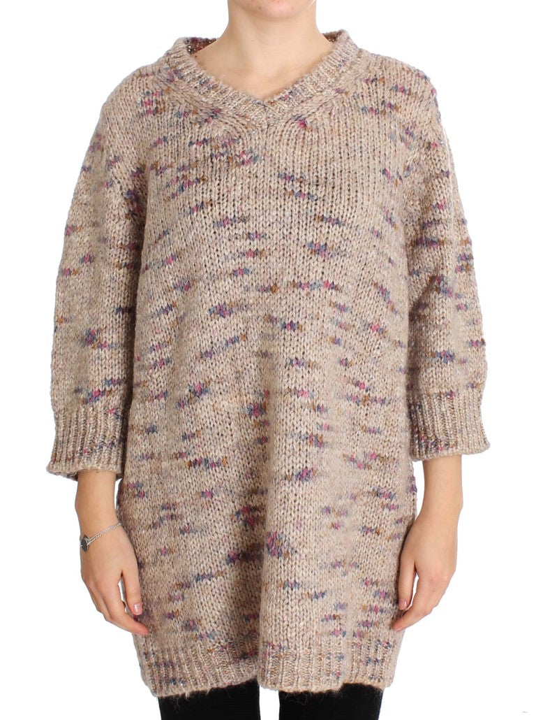 PINK MEMORIES Beigefarbener Oversize-Strickpullover mit V-Ausschnitt