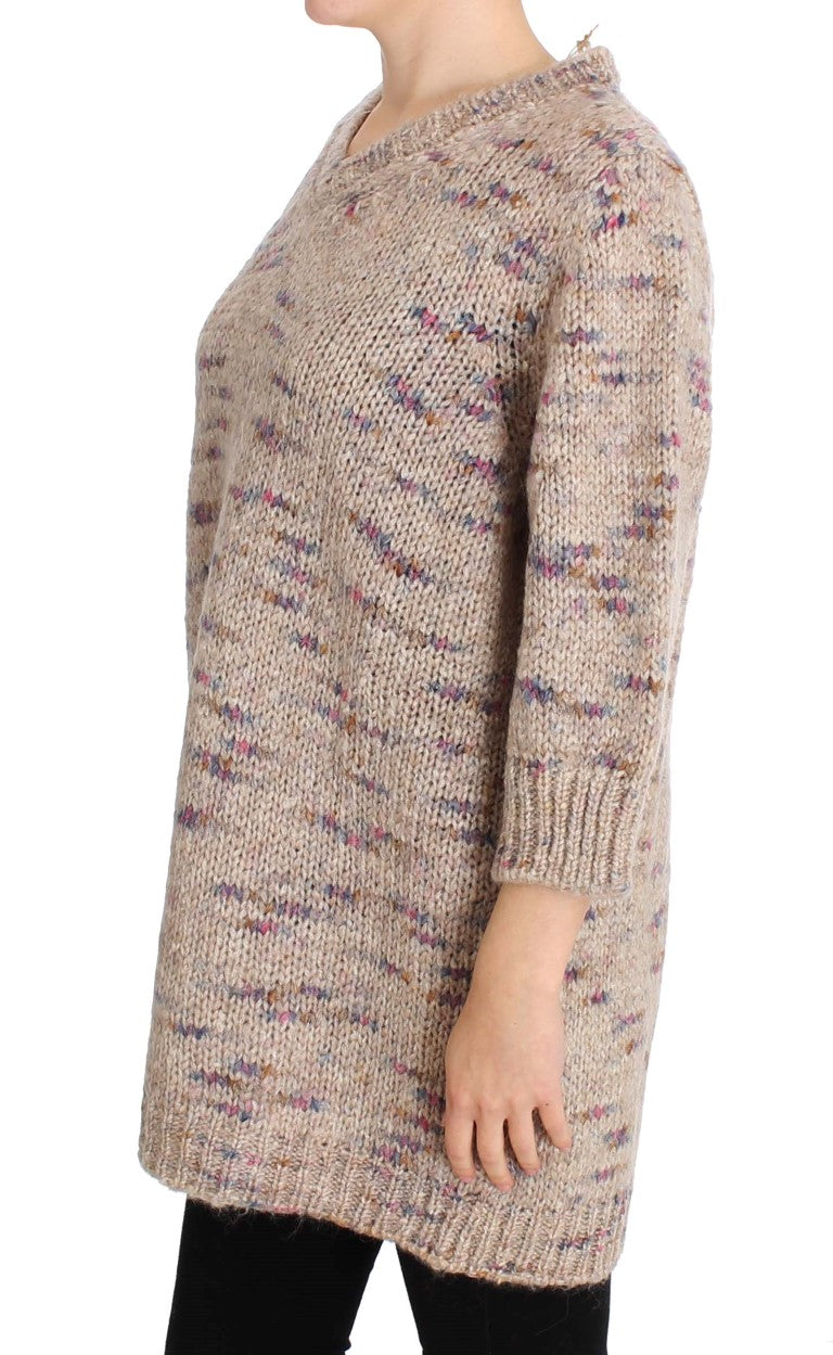 PINK MEMORIES Beigefarbener Oversize-Strickpullover mit V-Ausschnitt