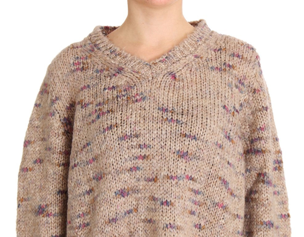 PINK MEMORIES Beigefarbener Oversize-Strickpullover mit V-Ausschnitt