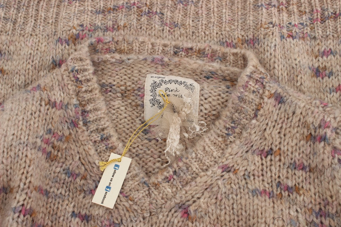 PINK MEMORIES Beigefarbener Oversize-Strickpullover mit V-Ausschnitt