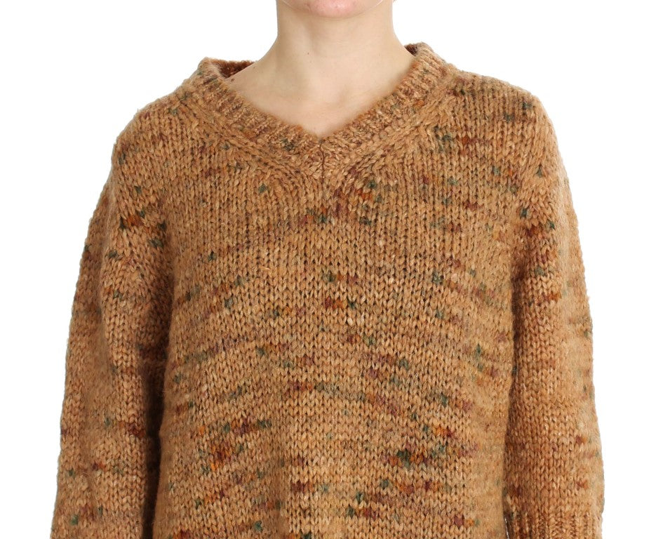 PINK MEMORIES Schicker brauner Oversize-Strickpullover mit V-Ausschnitt