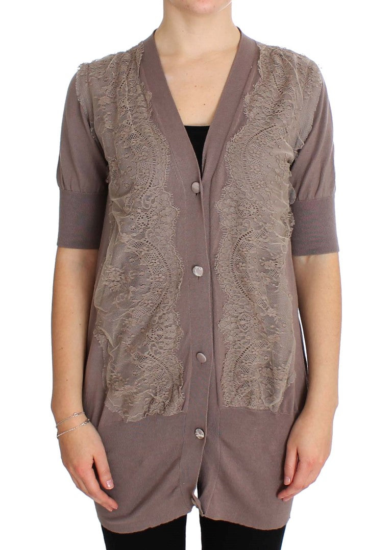 PINK MEMORIES Eleganter lila Cardigan-Pullover aus Baumwollspitze