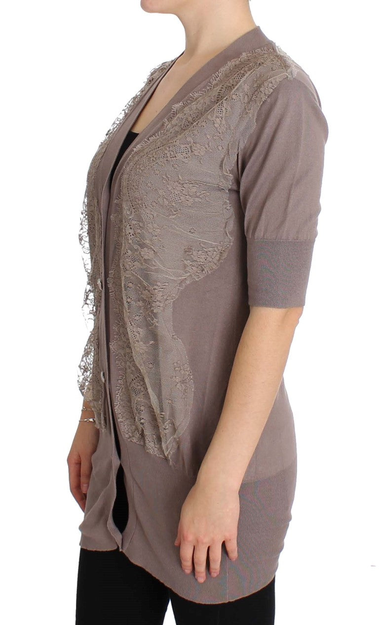 PINK MEMORIES Eleganter lila Cardigan-Pullover aus Baumwollspitze