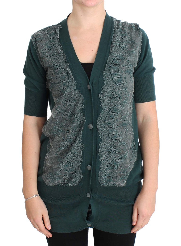 PINK MEMORIES Eleganter grüner Cardigan-Pullover mit Spitze