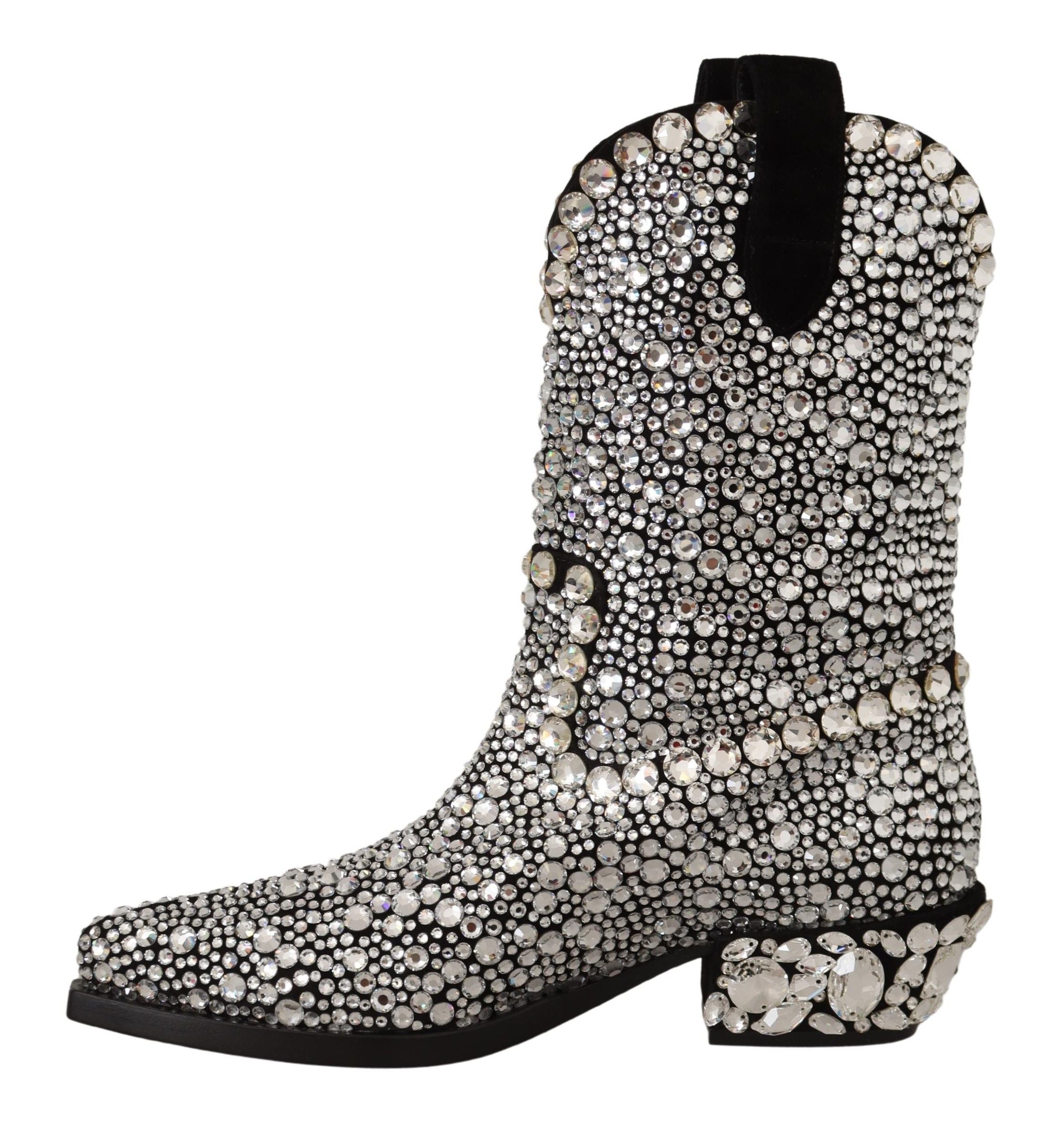 Dolce &amp; Gabbana – Schwarze Wildlederstiefel mit Kristallverzierung