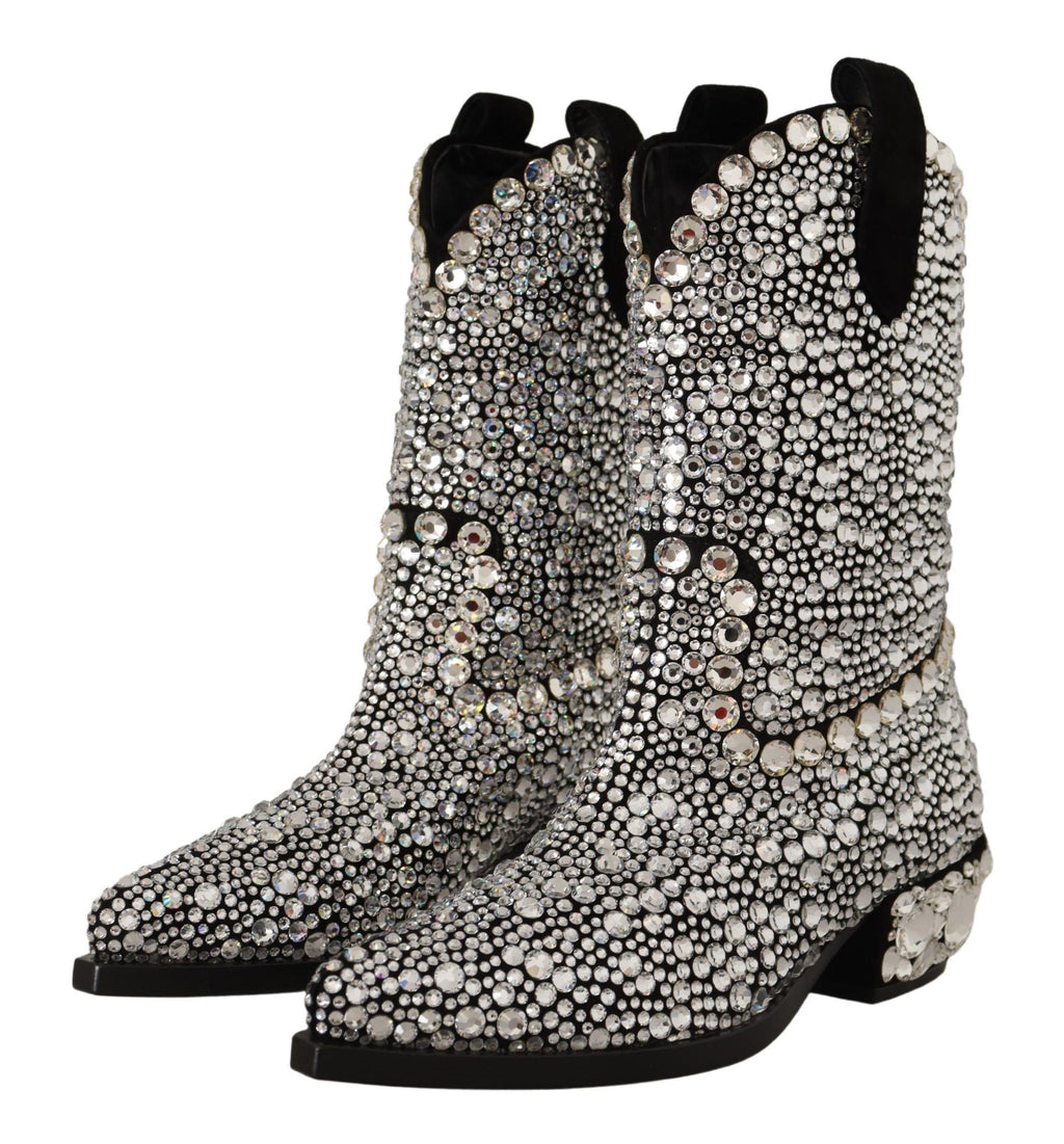 Dolce &amp; Gabbana – Schwarze Wildlederstiefel mit Kristallverzierung