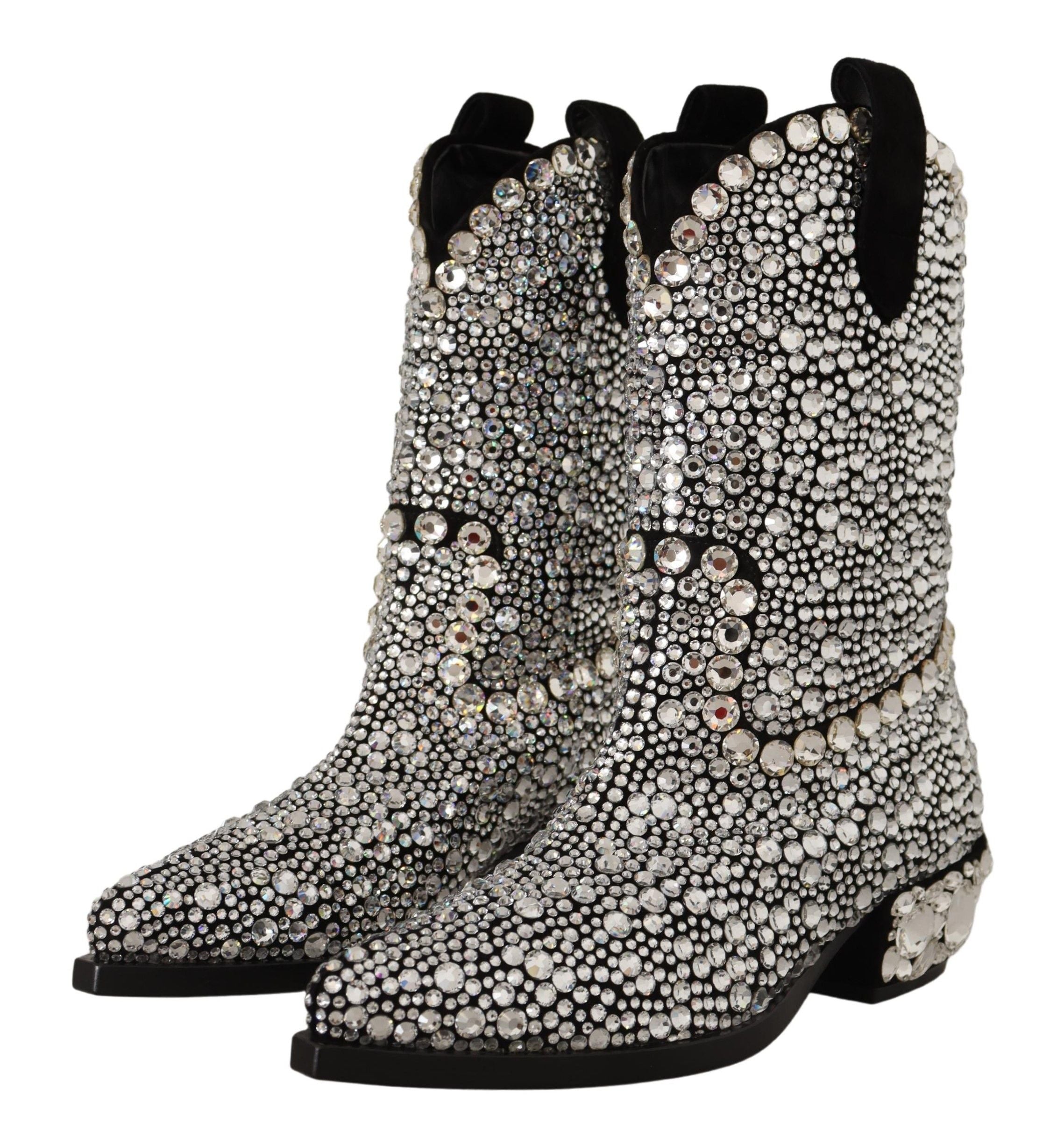 Dolce &amp; Gabbana – Schwarze Wildlederstiefel mit Kristallverzierung