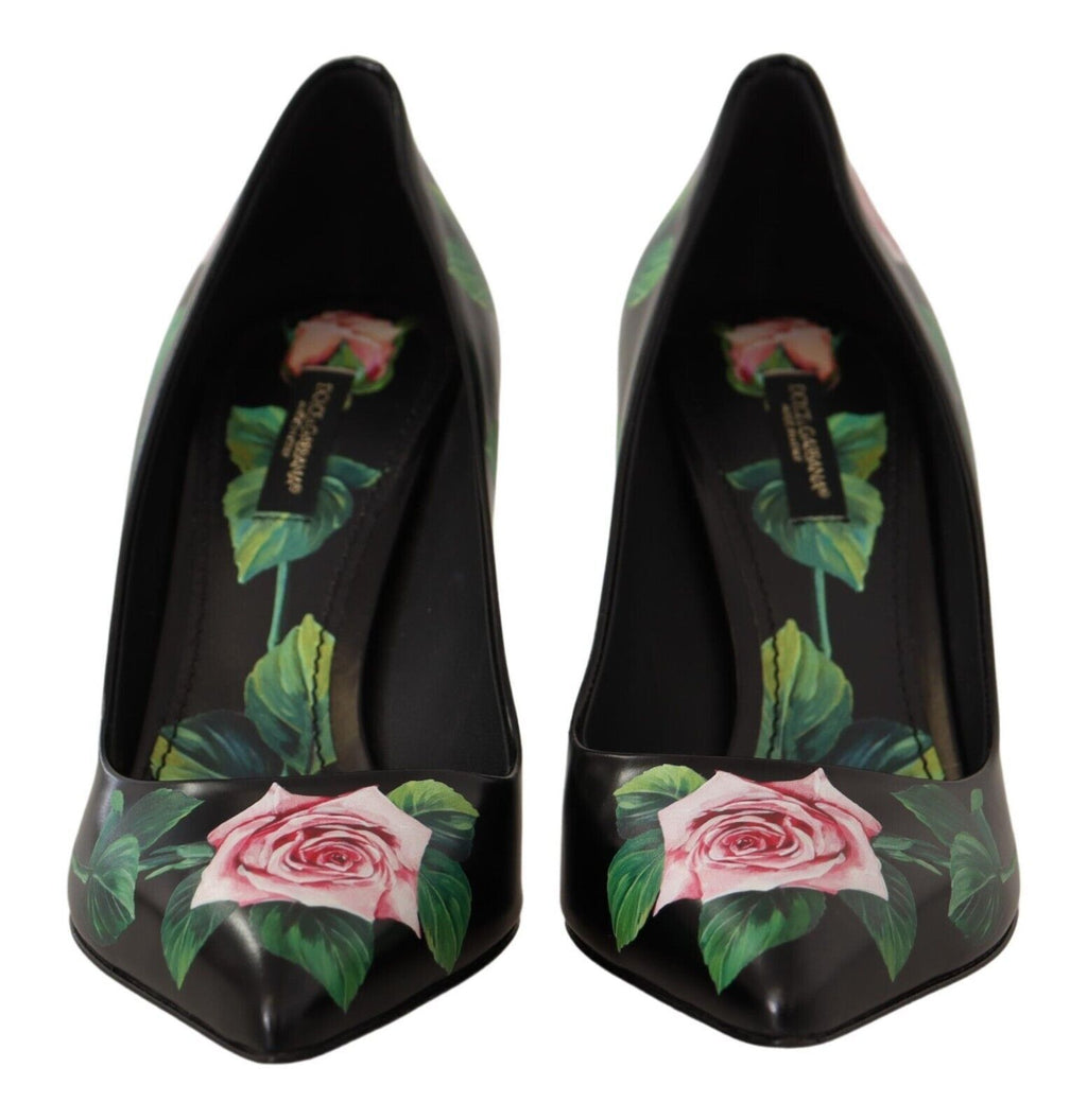 Dolce &amp; Gabbana Elegante schwarze Pumps aus Leder mit Rosenmuster
