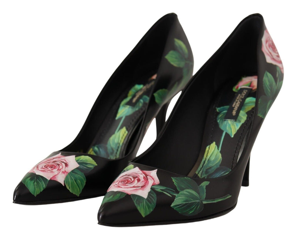 Dolce &amp; Gabbana Elegante schwarze Pumps aus Leder mit Rosenmuster