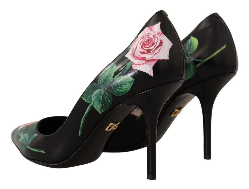 Dolce &amp; Gabbana Elegante schwarze Pumps aus Leder mit Rosenmuster