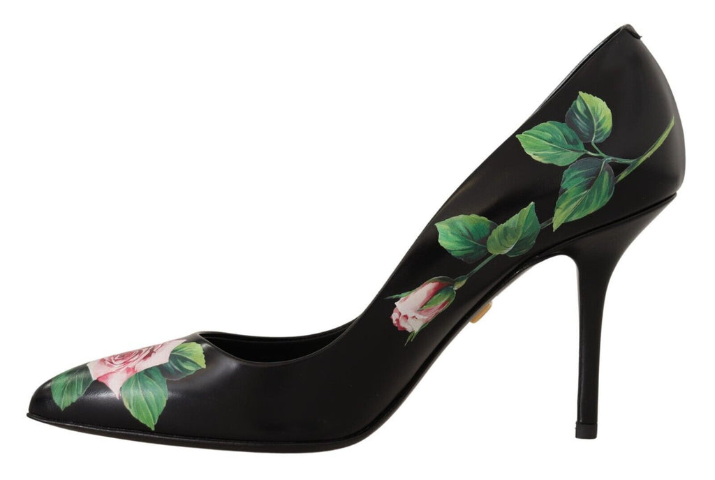 Dolce &amp; Gabbana Elegante schwarze Pumps aus Leder mit Rosenmuster