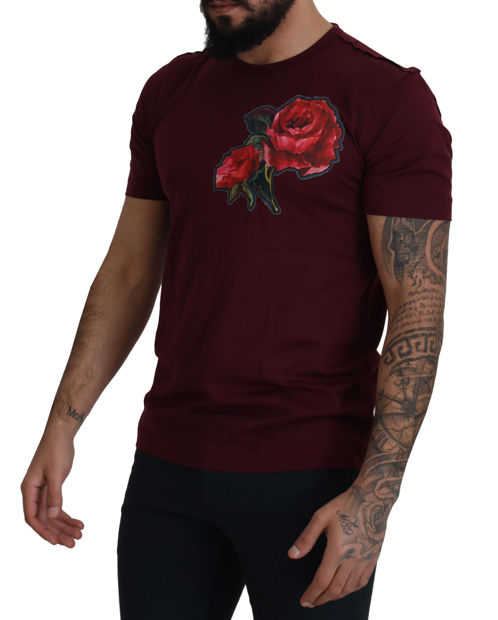 Dolce &amp; Gabbana – Elegantes T-Shirt mit Rundhalsausschnitt und Bordeaux-Rosenmotiv