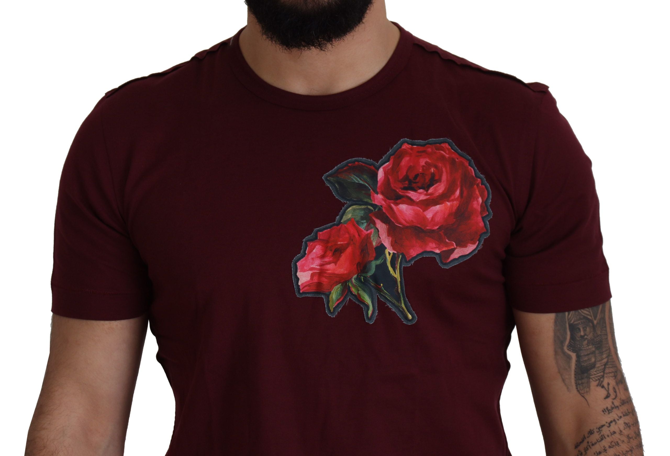 Dolce &amp; Gabbana – Elegantes T-Shirt mit Rundhalsausschnitt und Bordeaux-Rosenmotiv