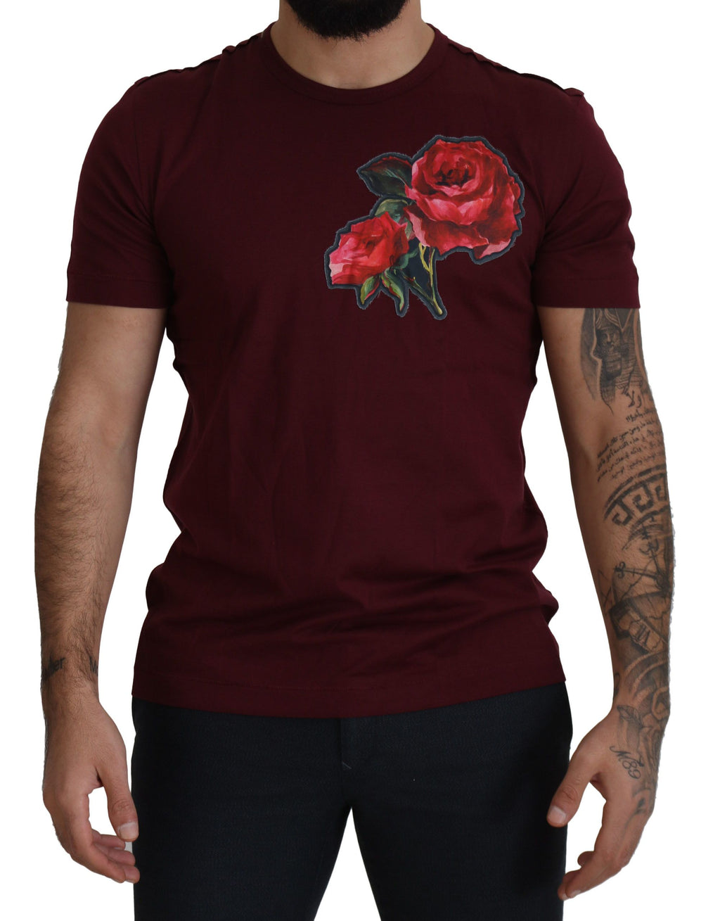 Dolce &amp; Gabbana – Elegantes T-Shirt mit Rundhalsausschnitt und Bordeaux-Rosenmotiv