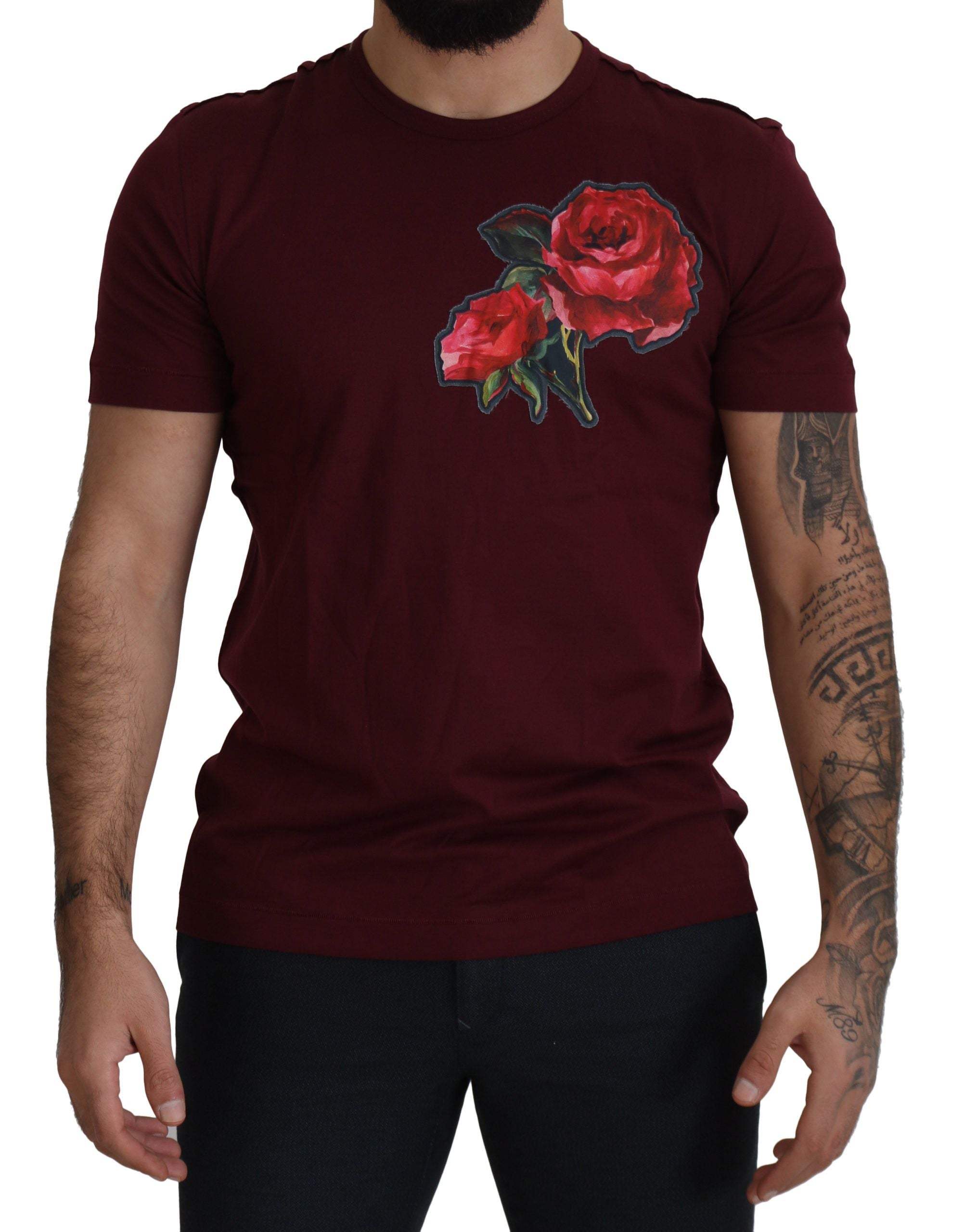 Dolce &amp; Gabbana – Elegantes T-Shirt mit Rundhalsausschnitt und Bordeaux-Rosenmotiv