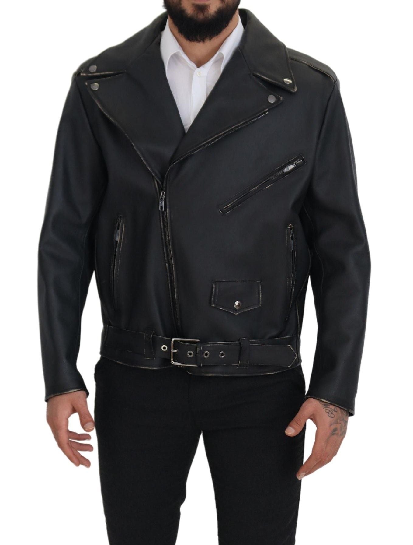Dolce &amp; Gabbana Élégante veste de motard en cuir noir