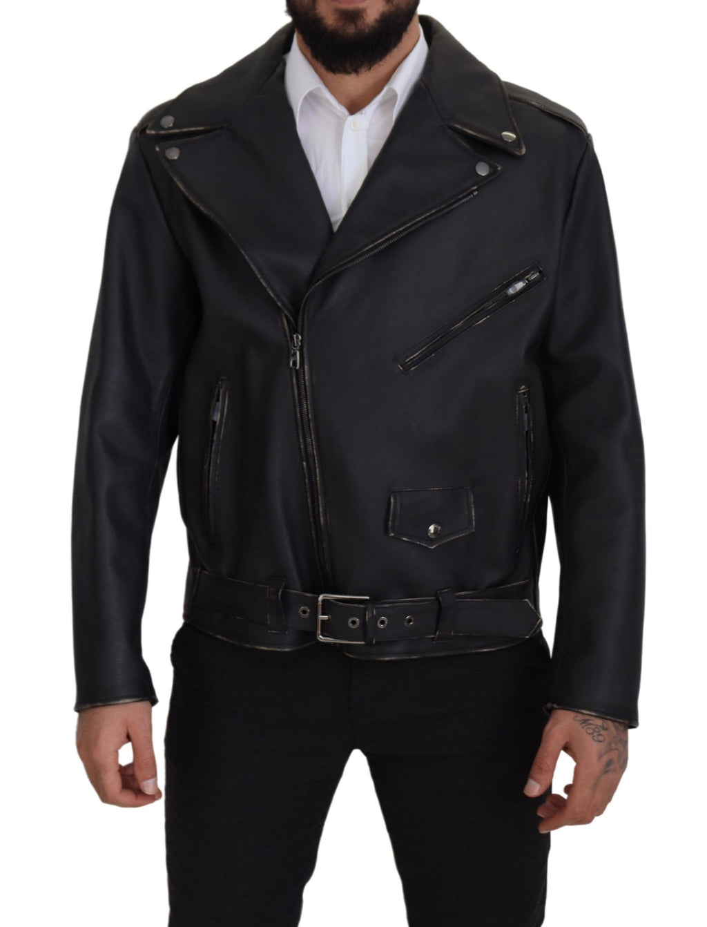 Dolce &amp; Gabbana Élégante veste de motard en cuir noir