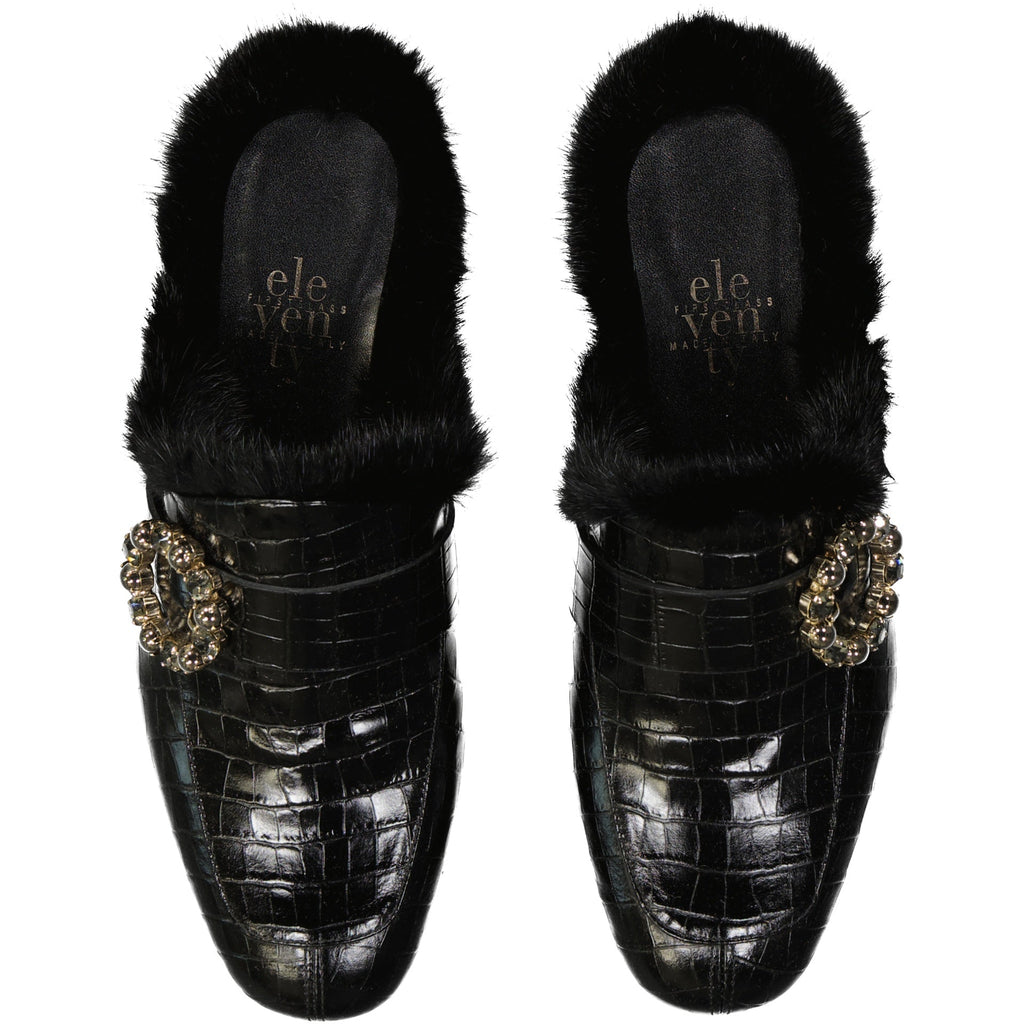 Eleventy Leather Fur Mules