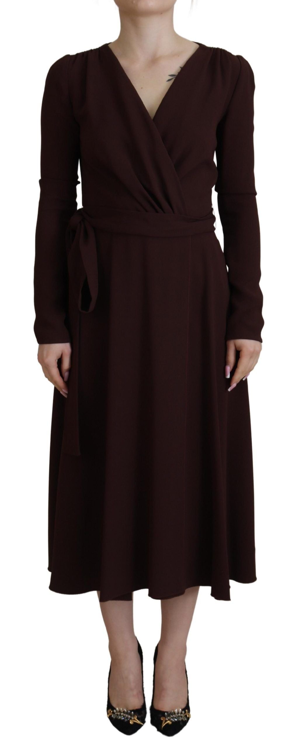 Robe portefeuille marron élégante à manches longues Dolce &amp; Gabbana