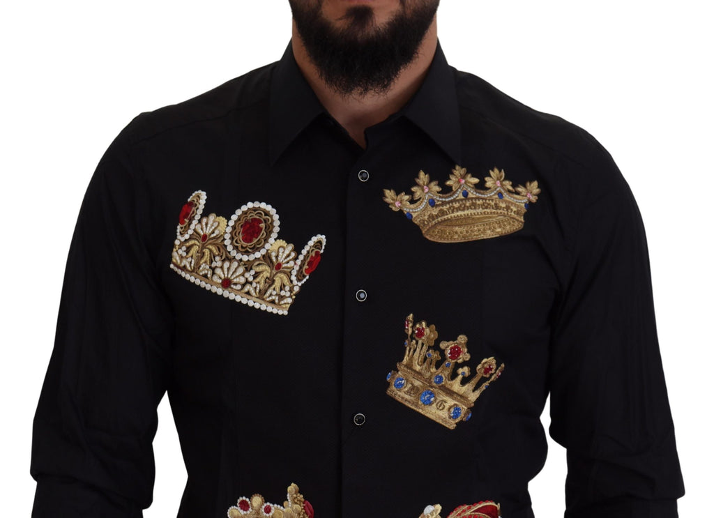 Dolce &amp; Gabbana – Elegantes schwarzes Slim-Fit-Hemd mit Kronenstickerei