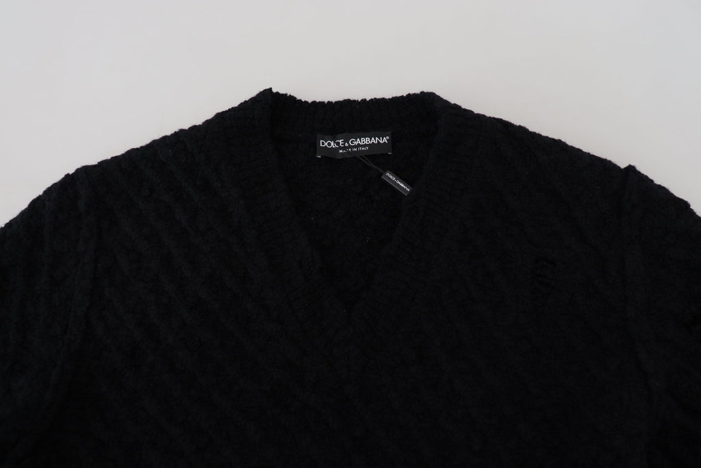 Dolce &amp; Gabbana Eleganter schwarzer Pullover aus Wollmischung mit V-Ausschnitt