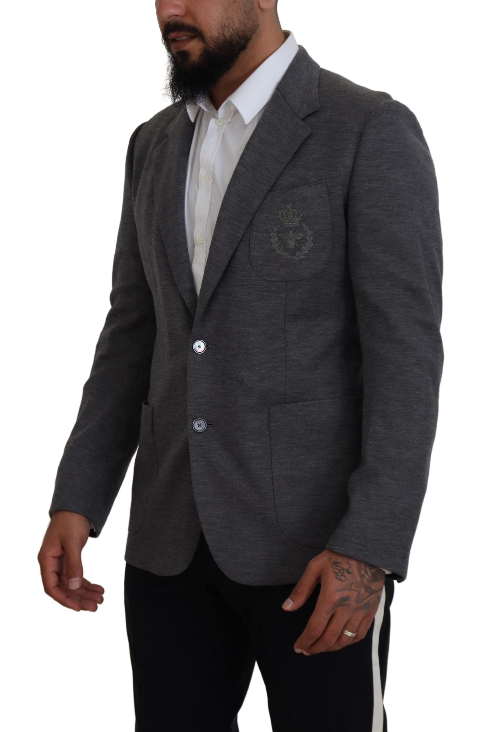 Dolce &amp; Gabbana Eleganter grauer Wollblazer mit Bienenkronenstickerei