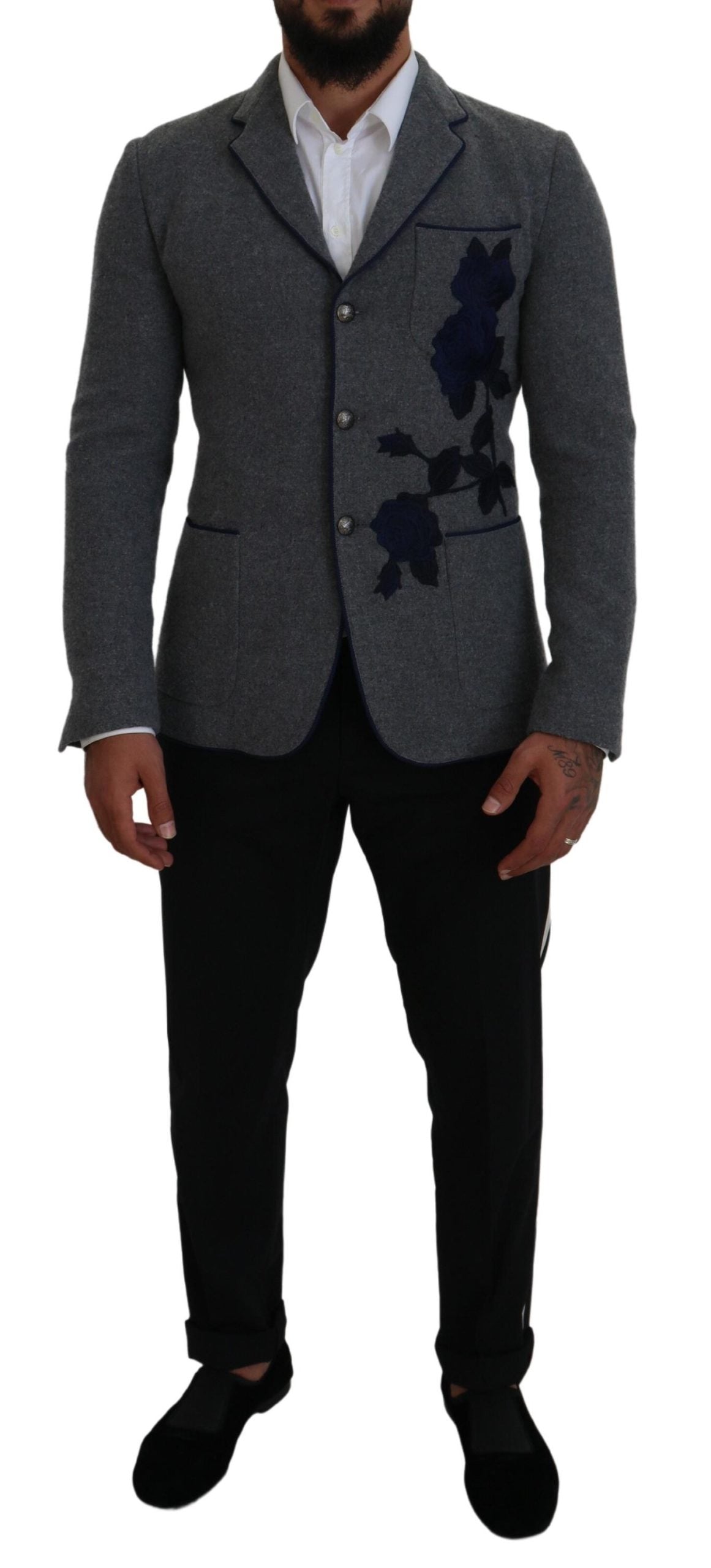 Dolce &amp; Gabbana Eleganter grauer Wollblazer mit blauer Rosenstickerei