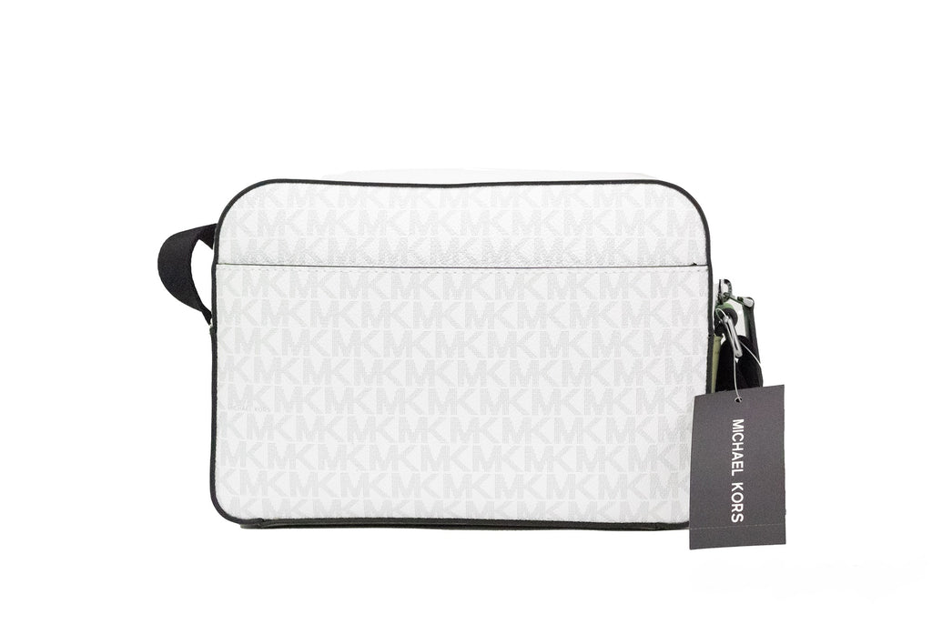 Sac bandoulière utilitaire Michael Kors Cooper, petit modèle, blanc brillant, en PVC, motif palmier signature