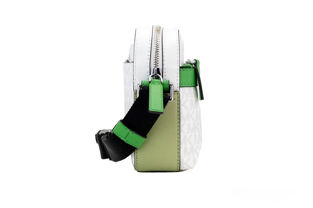 Sac bandoulière utilitaire Michael Kors Cooper, petit modèle, blanc brillant, en PVC, motif palmier signature