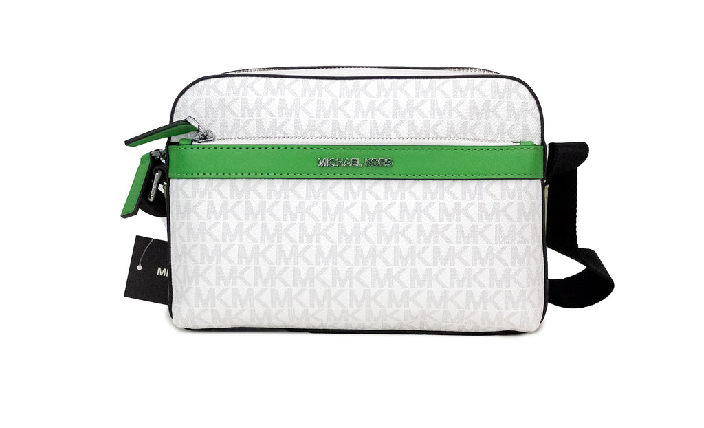 Sac bandoulière utilitaire Michael Kors Cooper, petit modèle, blanc brillant, en PVC, motif palmier signature