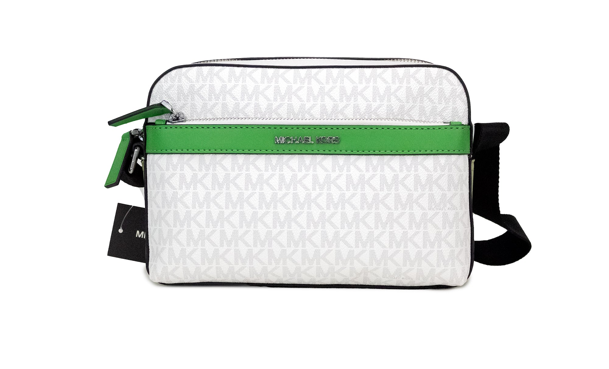 Michael Kors Cooper – Kleine, leuchtend weiße Umhängetasche aus PVC mit Palmen-Signatur