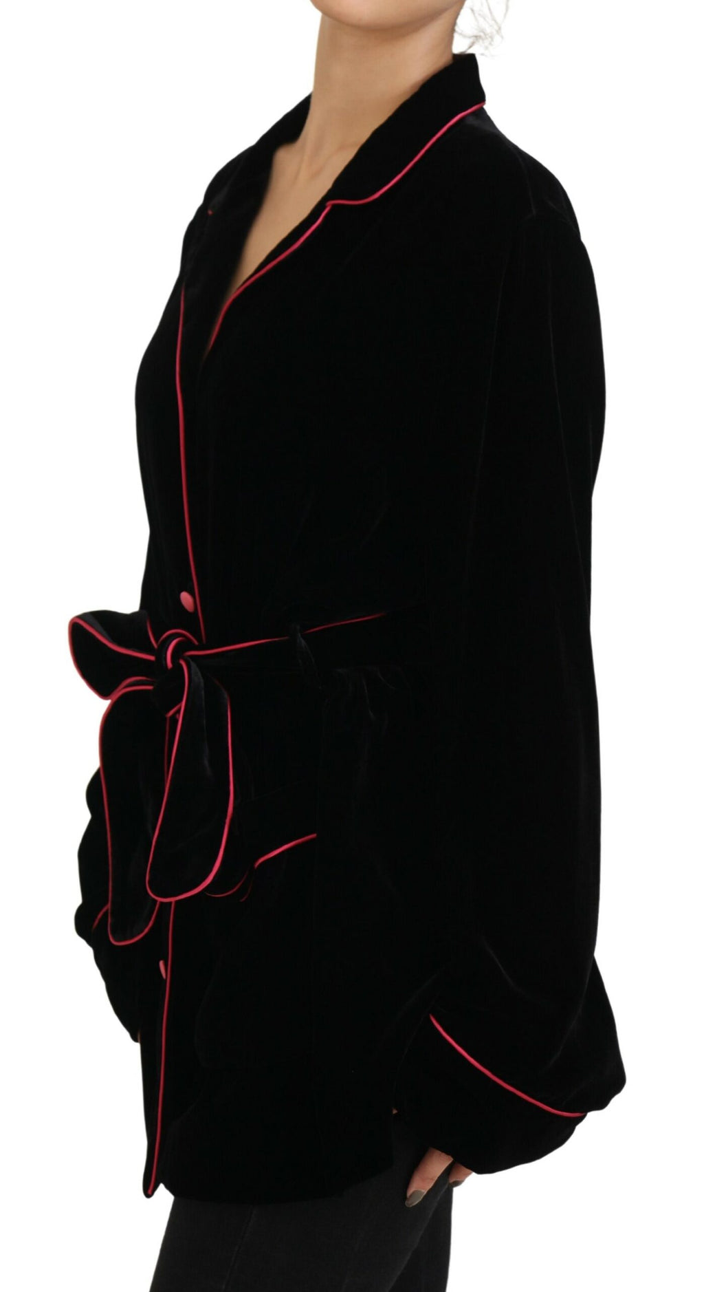 Dolce &amp; Gabbana Élégante veste en soie mélangée noire avec ceinture à la taille