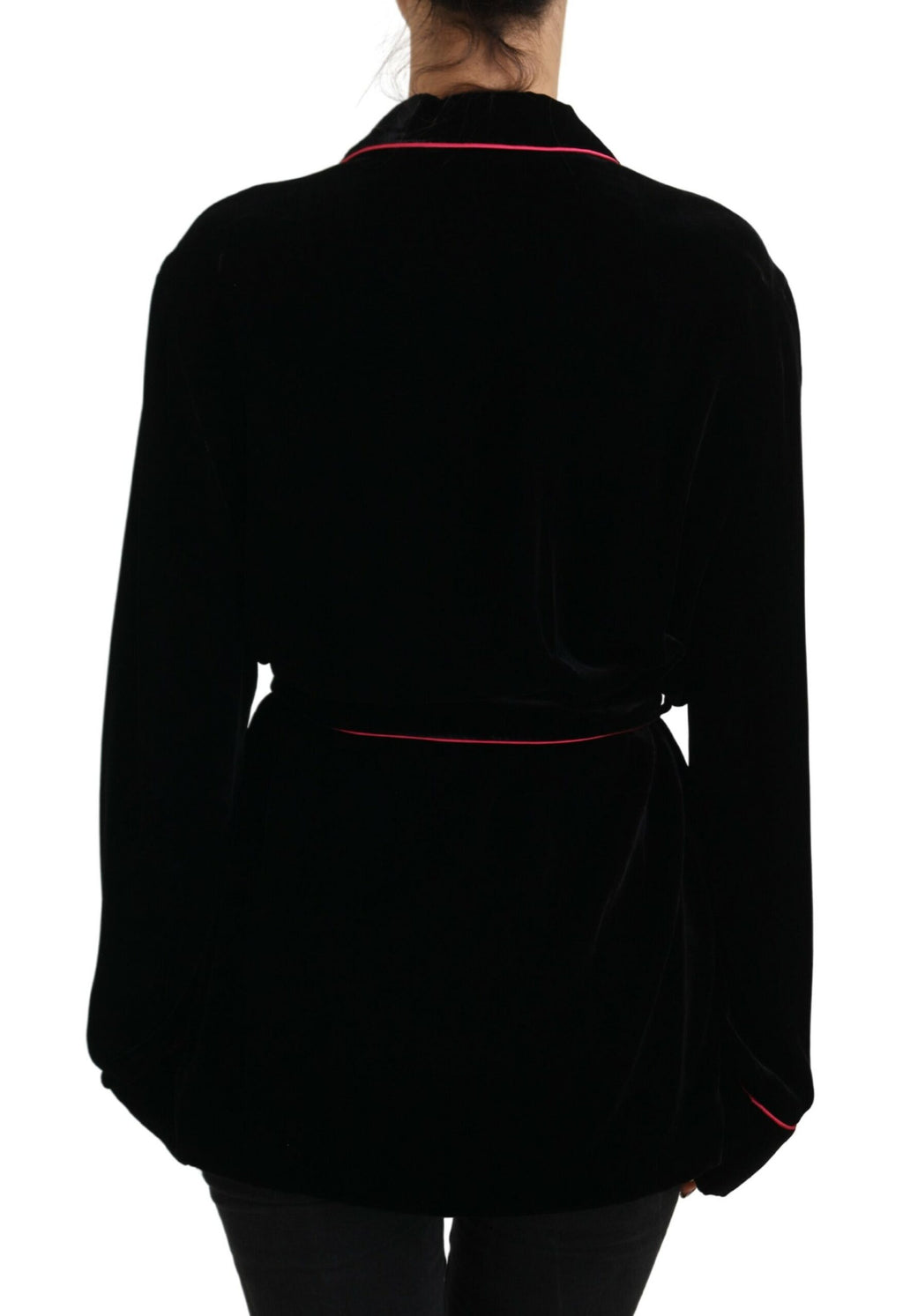 Dolce &amp; Gabbana Élégante veste en soie mélangée noire avec ceinture à la taille