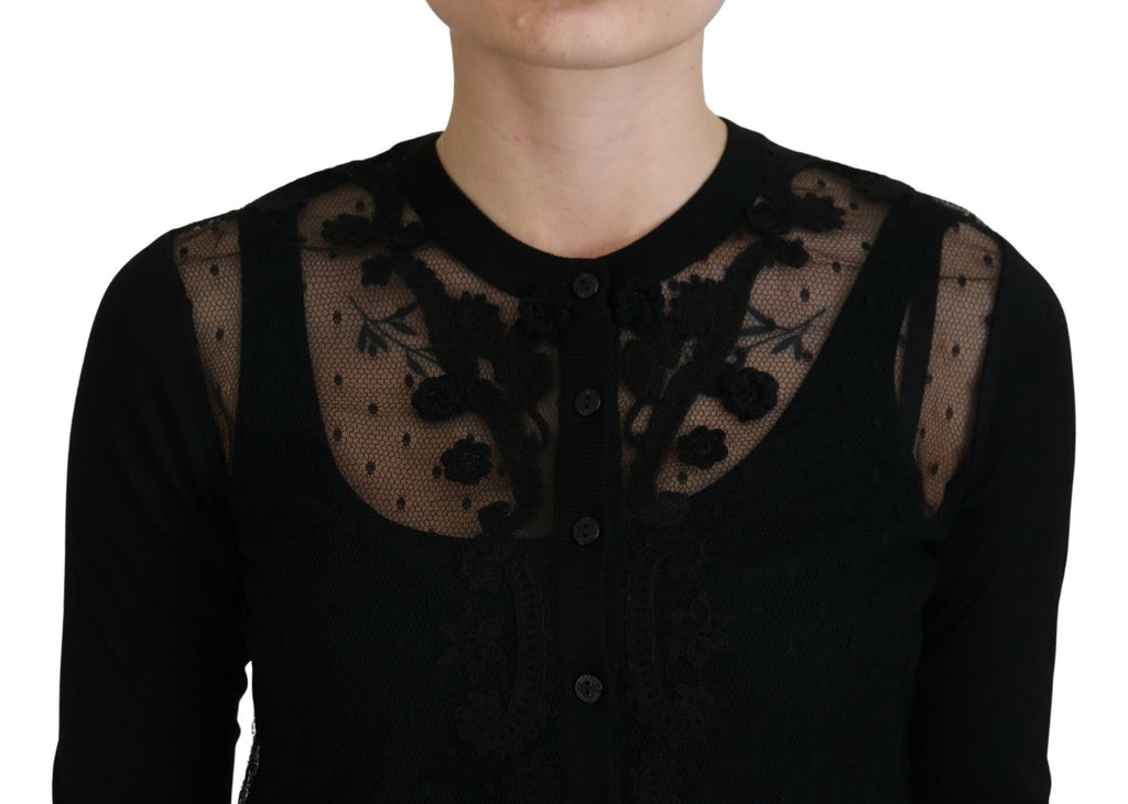 Dolce &amp; Gabbana Eleganter schwarzer Cardigan-Pullover mit Blumenspitze