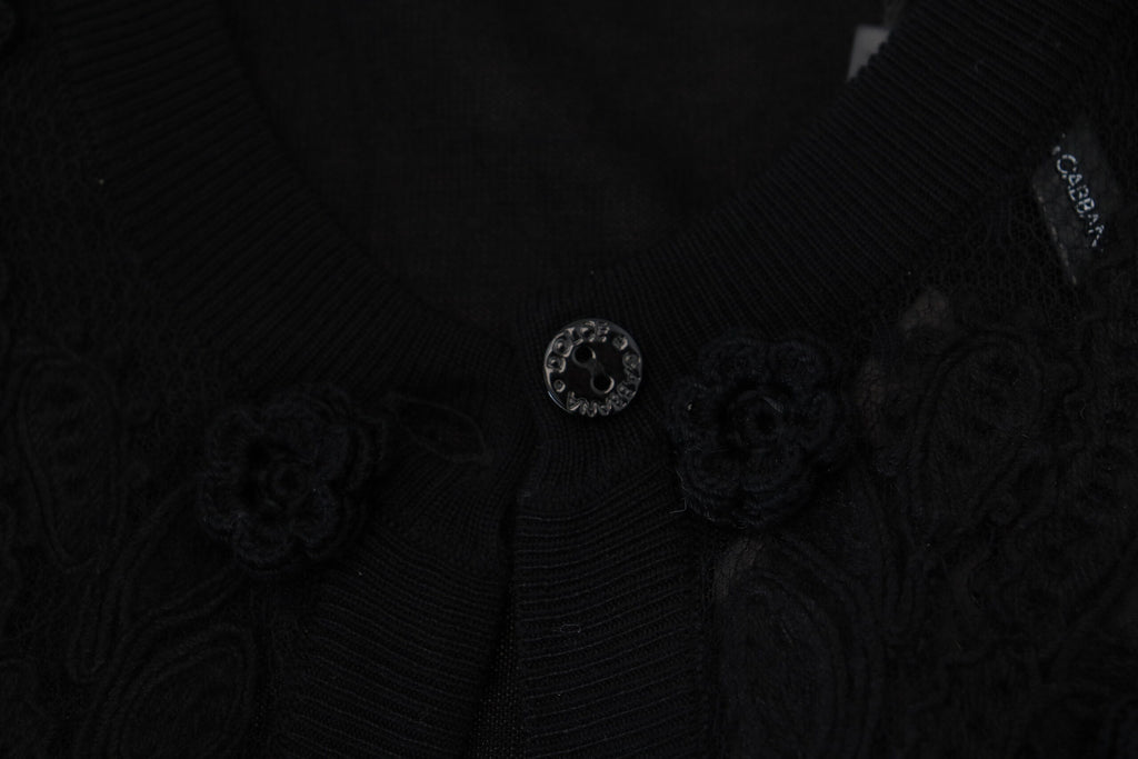 Dolce &amp; Gabbana Eleganter schwarzer Cardigan-Pullover mit Blumenspitze