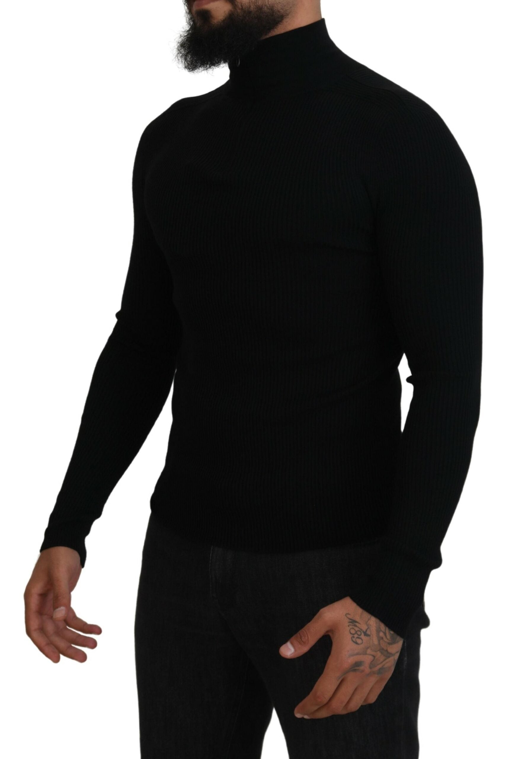 Dolce &amp; Gabbana Eleganter schwarzer Rollkragenpullover aus Wolle mit halbem Reißverschluss