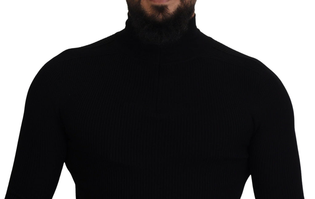 Dolce &amp; Gabbana Eleganter schwarzer Rollkragenpullover aus Wolle mit halbem Reißverschluss