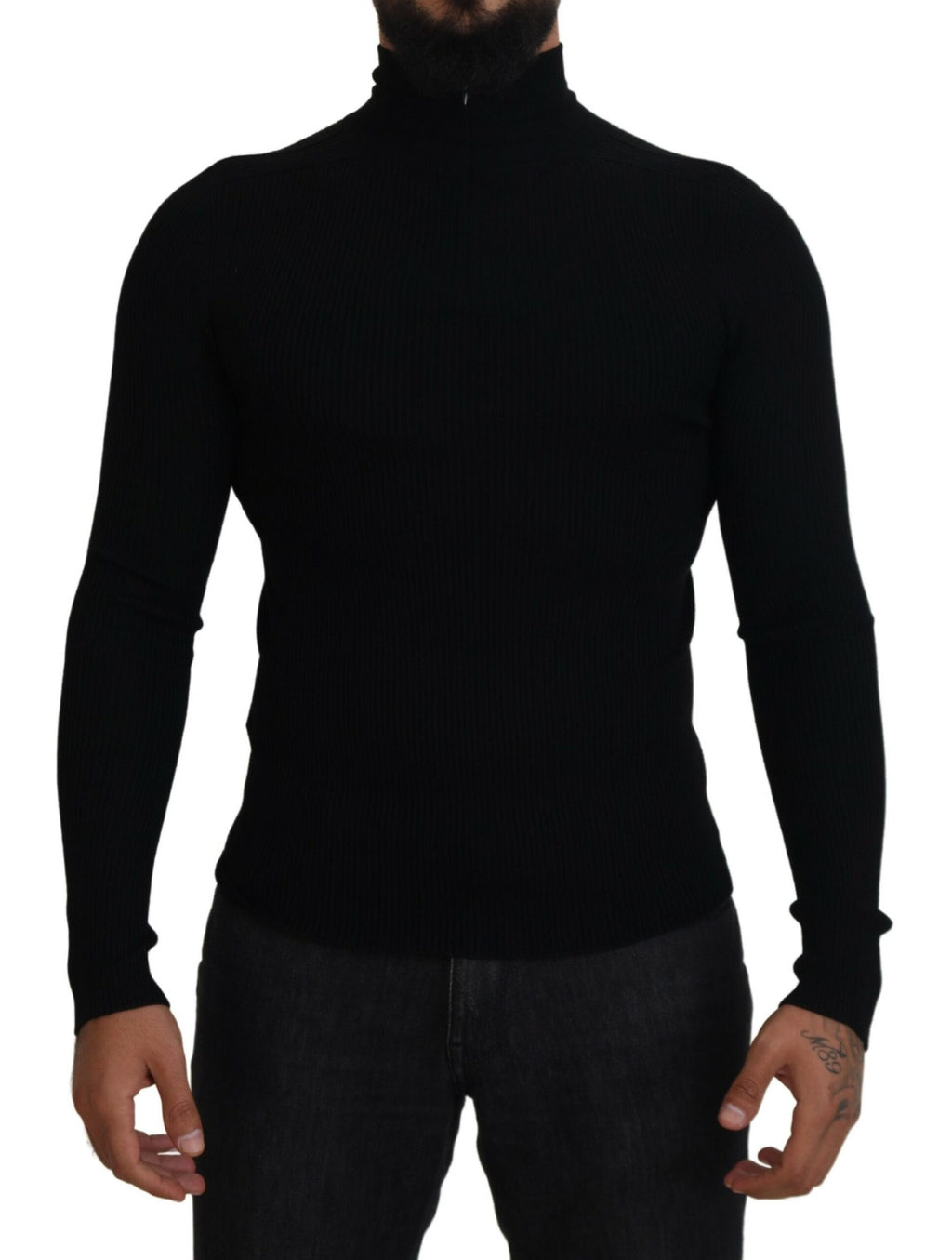 Dolce &amp; Gabbana Eleganter schwarzer Rollkragenpullover aus Wolle mit halbem Reißverschluss