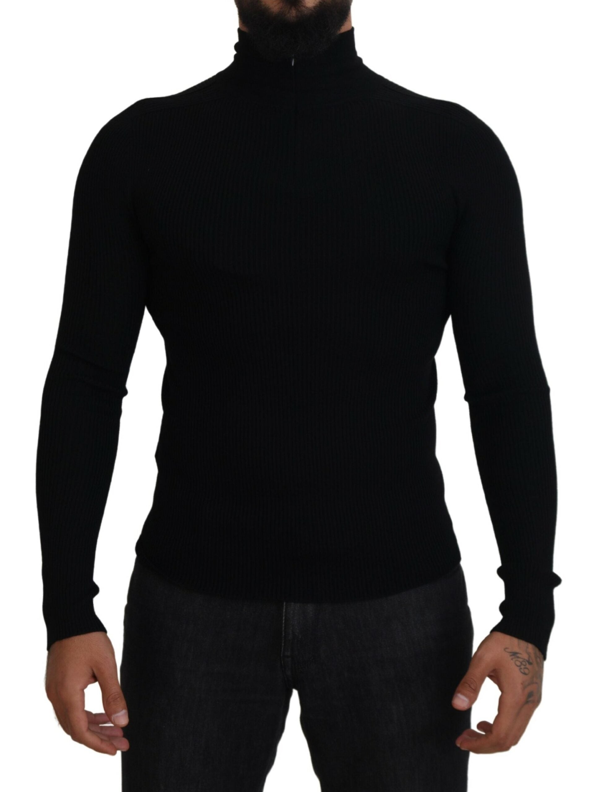 Dolce &amp; Gabbana Eleganter schwarzer Rollkragenpullover aus Wolle mit halbem Reißverschluss