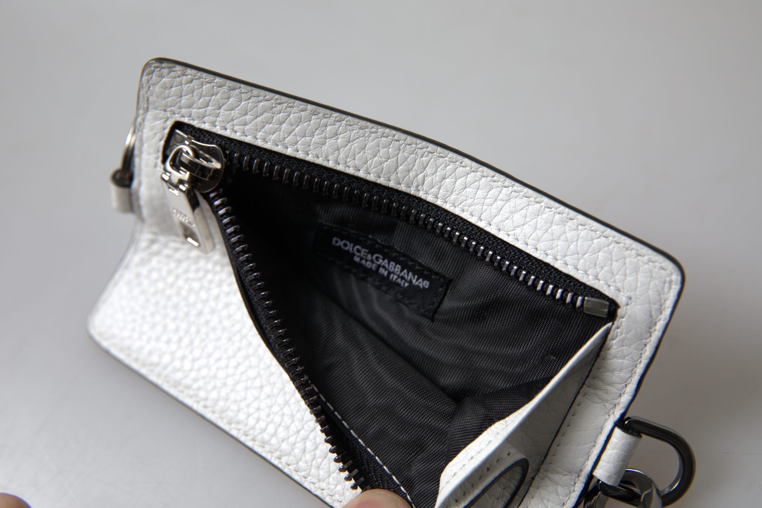 Porte-cartes élégant en cuir blanc Dolce &amp; Gabbana avec cordon