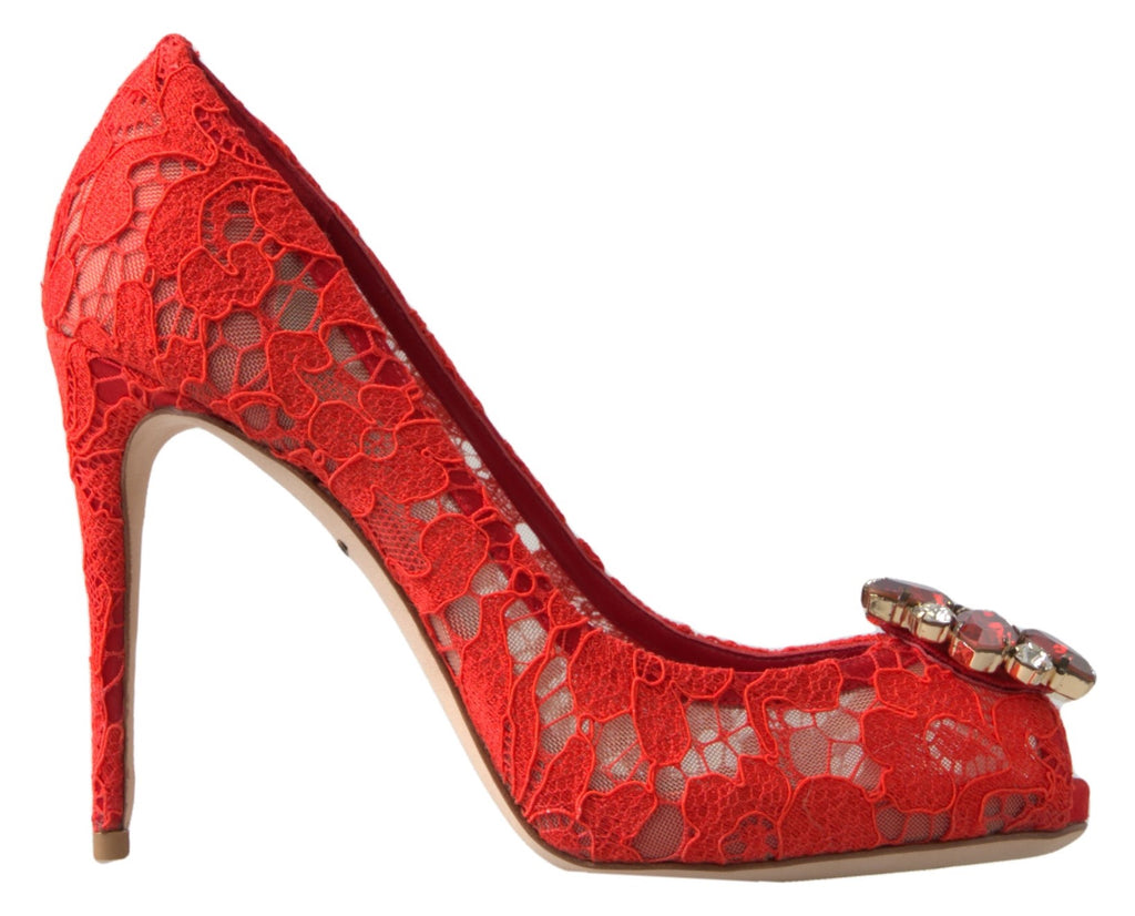 Dolce &amp; Gabbana – Schicke rote Spitzen-Pumps mit Kristallverzierung
