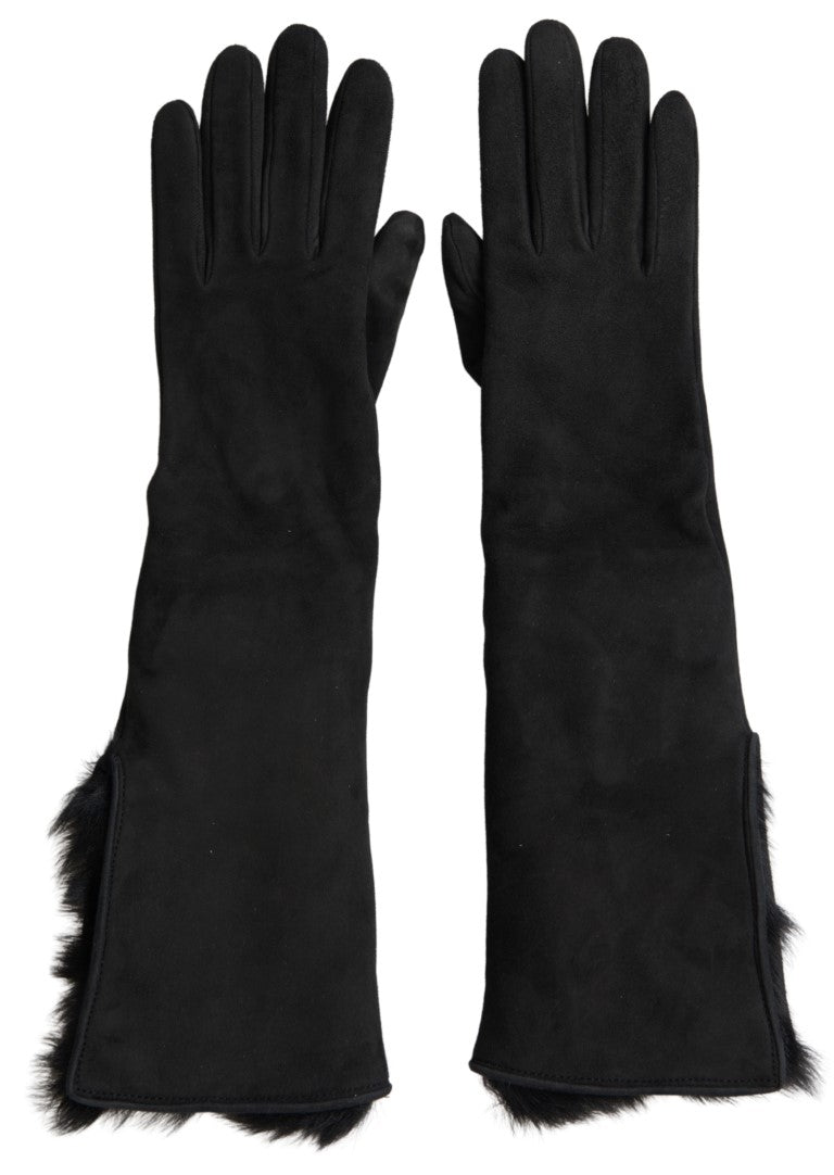 Gants élégants en cuir Dolce &amp; Gabbana, longueur coude, avec bordure en fourrure