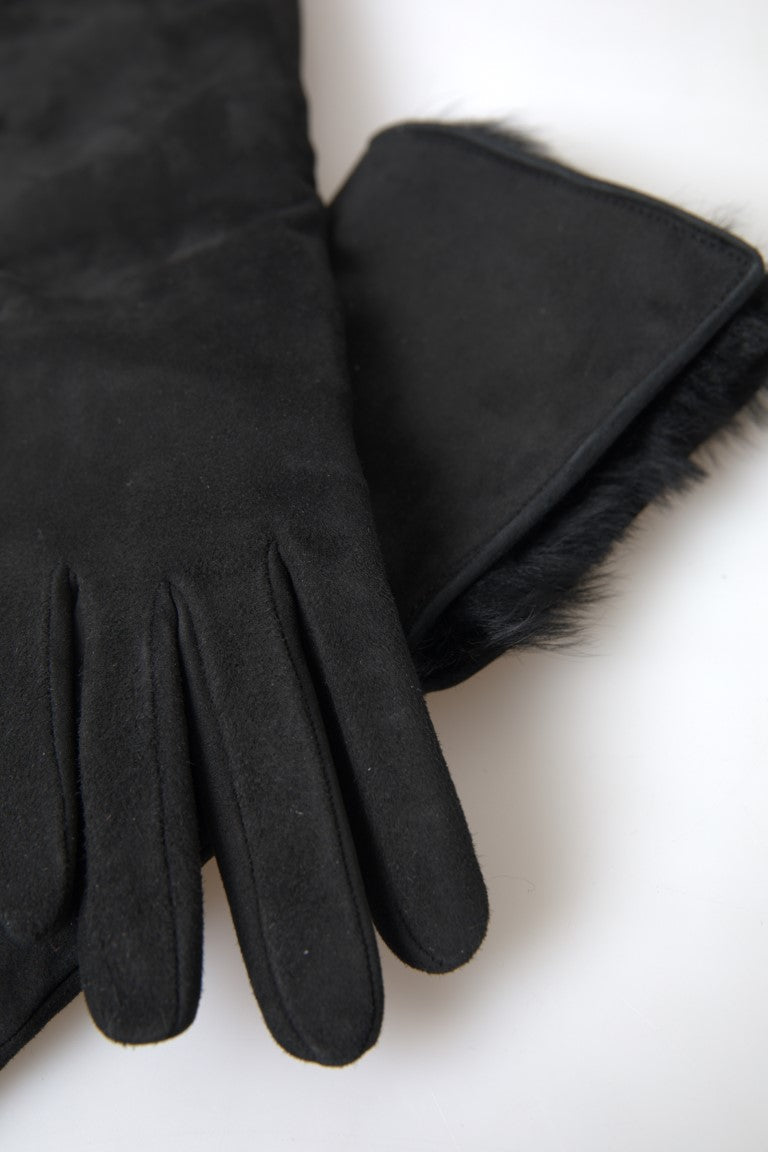 Gants élégants en cuir Dolce &amp; Gabbana, longueur coude, avec bordure en fourrure