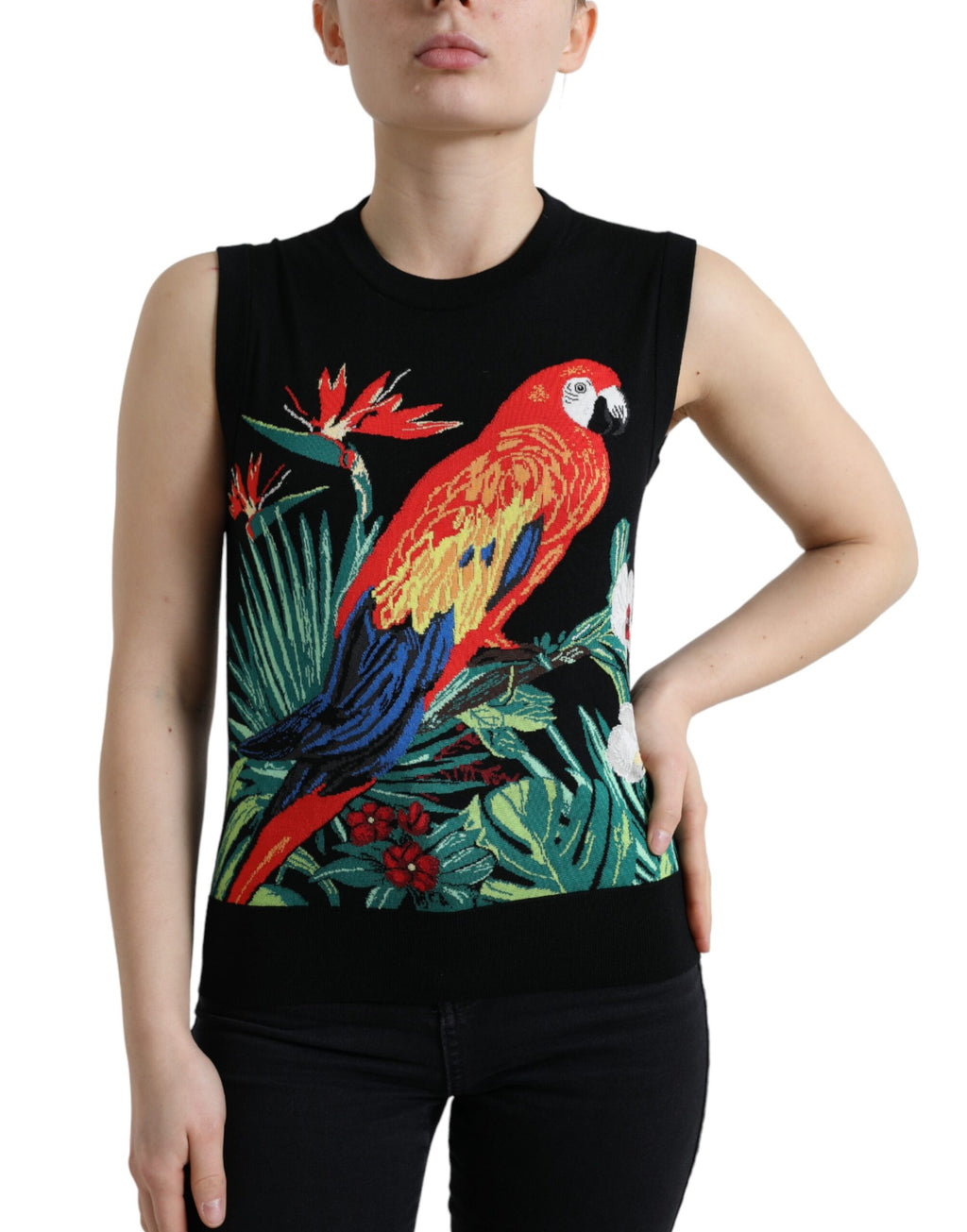 Dolce &amp; Gabbana Élégant débardeur ras du cou en laine et soie avec broderie oiseau