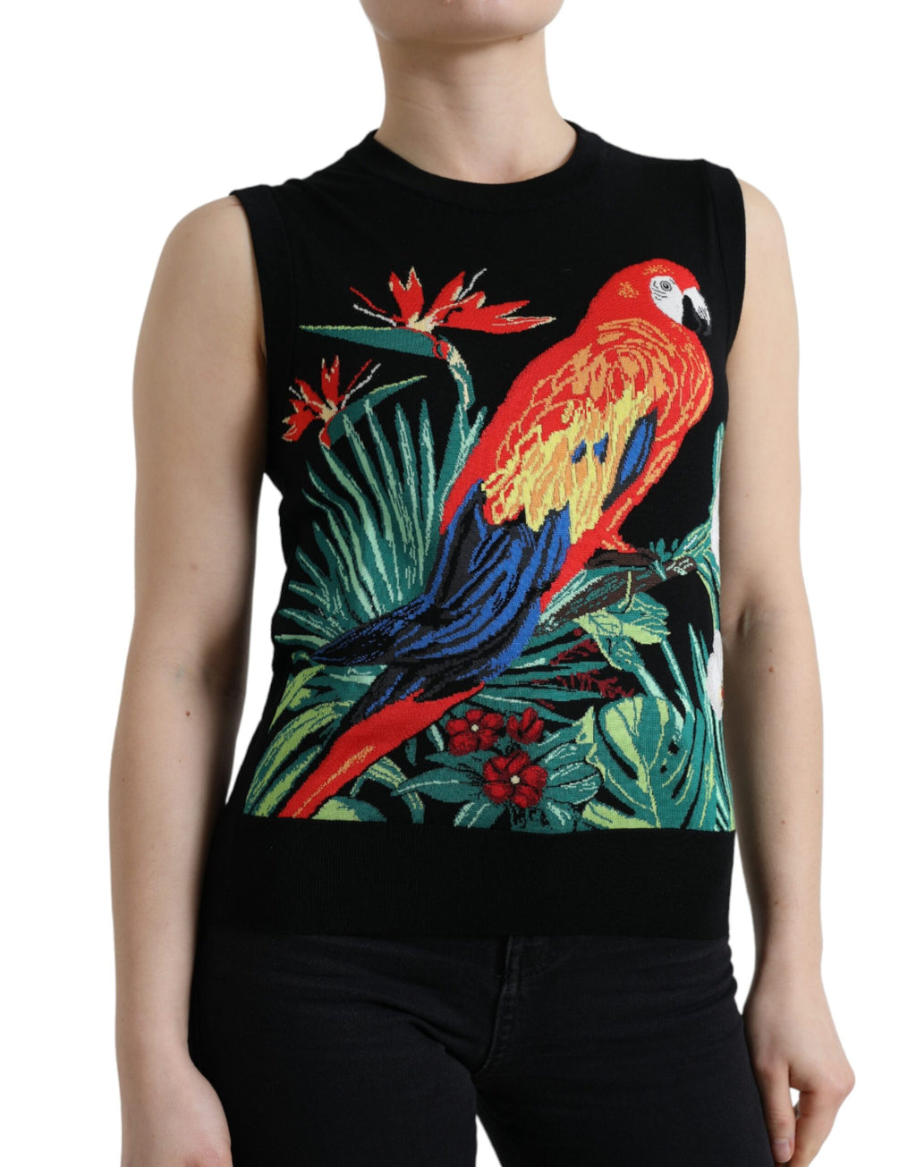 Dolce &amp; Gabbana Élégant débardeur ras du cou en laine et soie avec broderie oiseau