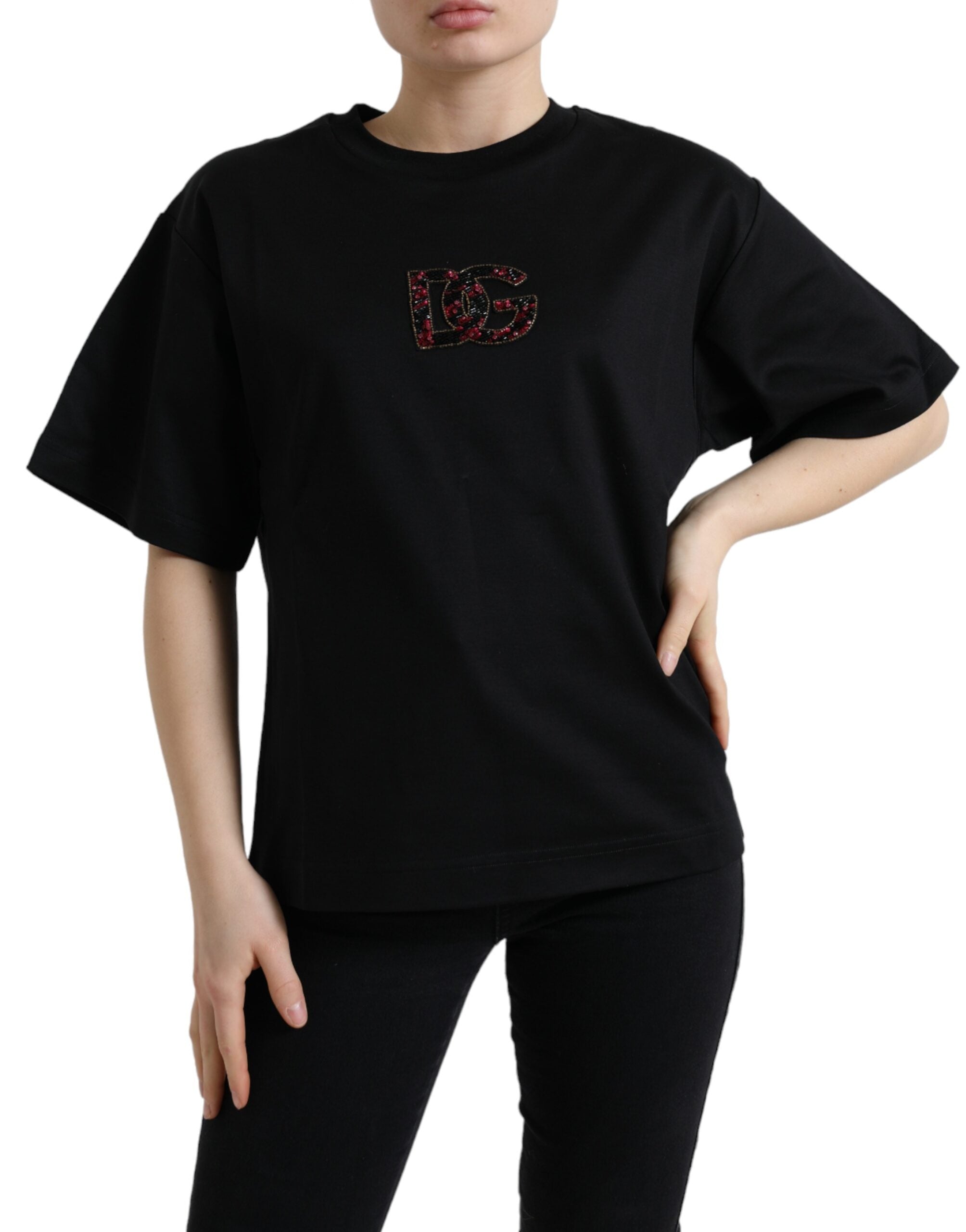 Dolce &amp; Gabbana Elegantes schwarzes T-Shirt mit Kristallverzierung